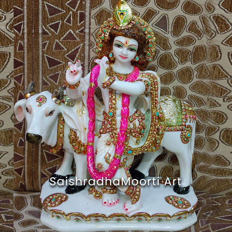 Designer Krishna Marble Idol with Cow
