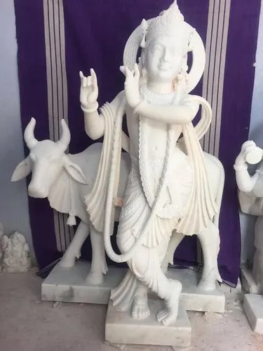 White Makrana Marble Krishna Statue with Cow